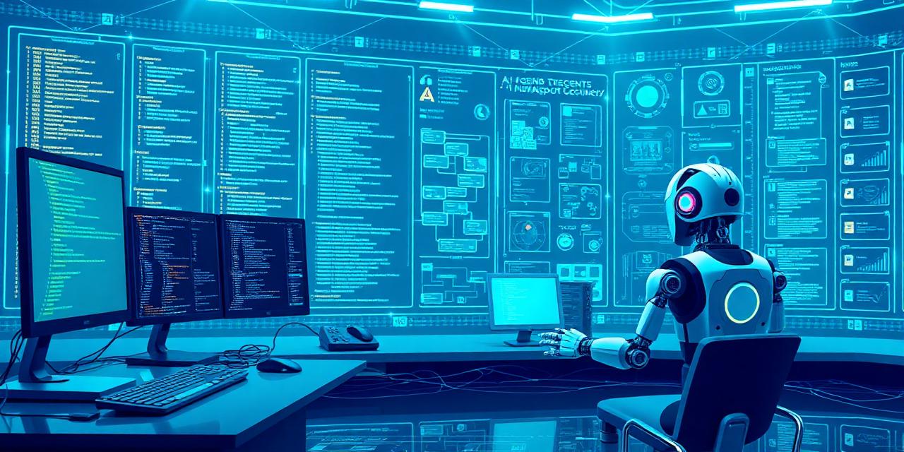 Digital workspace showing AI agent development with code terminals and robotic assistants collaborating